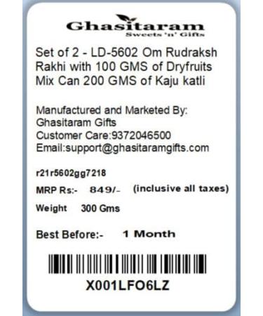 Ghasitaram Gifts Rakhi for Brother Rakhis Online -Set of 2 - LD-5602 Om Rudraksh Rakhi with 100 GMS of Dryfruits Mix Can 200 GMS of Kaju katli 2 Rakhi & 100g Dryfruits Mix Can 200g Kaju katli - Buy Online on GoSupps.com