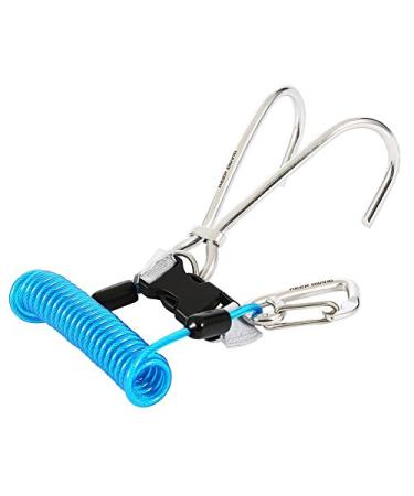 Diving Hook Stainless Steel Reef Double Hook with Spiral Coil Lanyardand and Quick-Release Buckle Blue