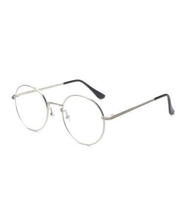 ALWAYSUV Metal Frame Retro Glass Frame Flat Mirror Decorative Glasses Classic Round Frame Glasses Clear Lens Glasses Silver