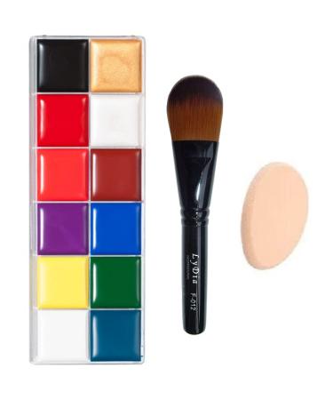 12 Colours Face Body Oil Paint Cream Palette Halloween Goth Vampire Stage Makeup + LyDia Foundation/Contour Makeup Brush + FREE Mini Sponge Beauty Blender