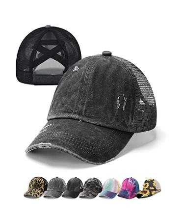 Criss Cross Hat Washed Distressed Baseball Cap Ponytail Hat High Messy Bun Ponycap for Women Crisscross-black