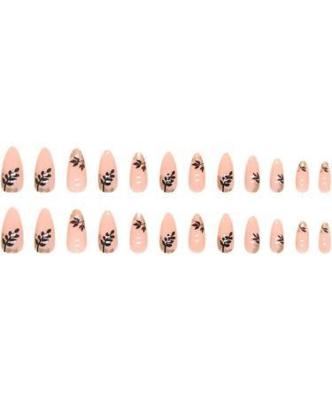 24PCS Almond Full Cover Acrylic Press on Nails with Glue Stickers - Dark Leaf Shadow French Fake Nails for Women and Girls - Buy Online on GoSupps.com
