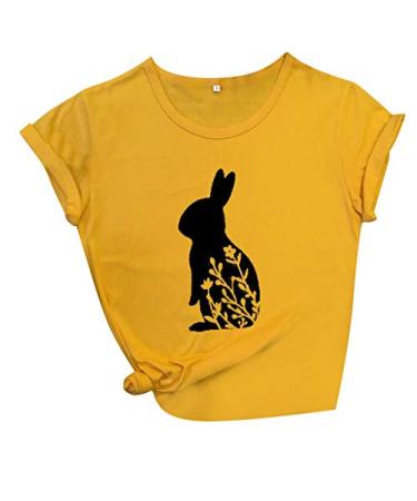 Women Happy Easter T Shirt Short Sleeve Rabbit Print Blouse O-Neck Tunic Tee Tops D-yellow 3X-Large
