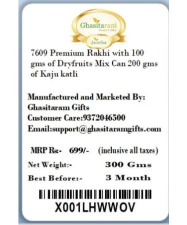 Ghasitaram Gifts Rakhi for Brother Rakhis Online - 7609 Premium Rakhi with 100 GMS of Dryfruits Mix Can 200 GMS of Kaju katli Rakhi & 100g Dryfruits Mix Can 200g Kaju katli - Buy Online on GoSupps.com