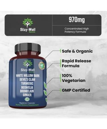 Stay-Well Naturals Pain Relief- White Willow Bark Extract Devil's Claw Turmeric Boswellia Bromelain and Ginger Premium Extract Blend- 120ct - Buy Online on GoSupps.com