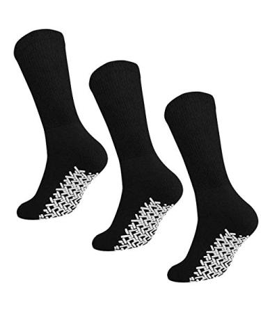 Falari Men Women Anti Slip Grip Non Skid Crew Cotton Diabetic Socks For Home Hospital 3 6 or 12-pack 3-pairs Black 10-13