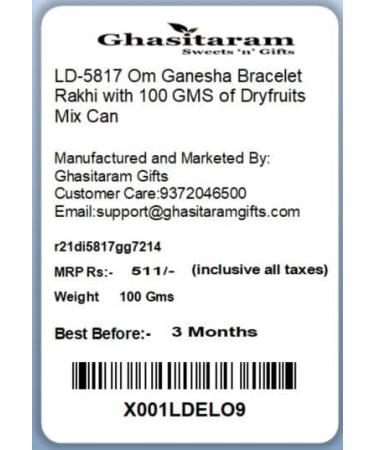 Ghasitaram Gifts Rakhi for Brother Rakhis Online LD-5817 Om Ganesha Bracelet Rakhi with 100 GMS of Dryfruits Mix Can Rakhi Set with 100 gms of Dryfruits Mix Can - Buy Online on GoSupps.com