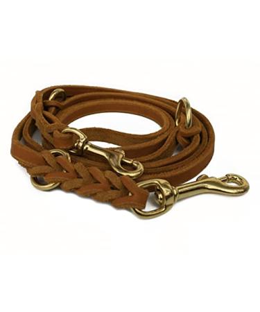 Fat leather Gleine 3-way adjustable leather line braided for dogs 96 models to choose from (2.40m x 12mm cognac brass hook) 2.40m x 12mm cognac brass hook