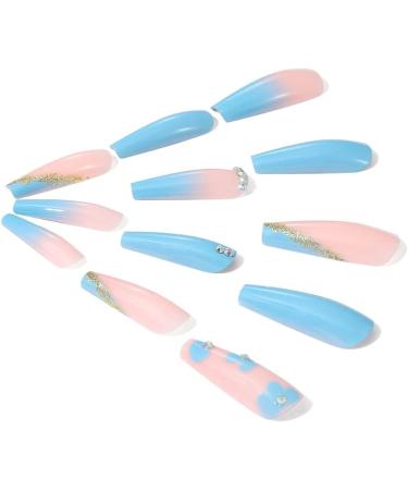 Brishow Coffin False Nails - Long Blue Flower Fake Nails | 24pcs Ballerina Acrylic Stick on Nails for Women and Girls - Buy Online on GoSupps.com