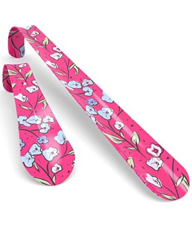 Shoe Horns For Women & Seniors | Premium Short & Long Handled Metal Shoe Horn Set | 6 & 11 Inch Travel Shoehorns for Ladies Girls Kids Men | Beautiful Pink Floral, Abstract Design