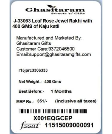 Ghasitaram Gifts Rakhi for Brother Rakhis Online - J-33063 Leaf Rose Jewel Rakhi with 400 GMS of Kaju katli - Buy Online on GoSupps.com
