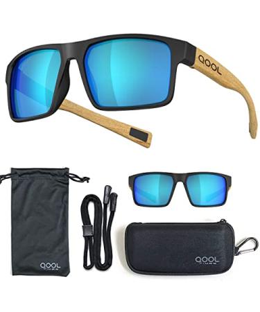 QOOL TIMES rectangle Polarized fishing Sunglasses for Men Women, Running Hunting Golfing Cycling Hiking Outdoors F1a Wood /White Blue Mirror
