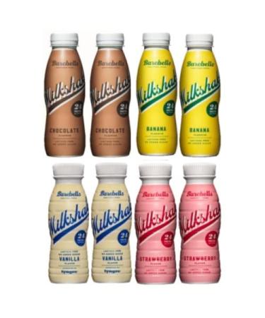 8 x 330ml Barebells Assorted Milkshake (2 Of Each Flavours Vanilla Strawberry Chocolate And Banana) High In Protein Lactose Free No Added Sugar