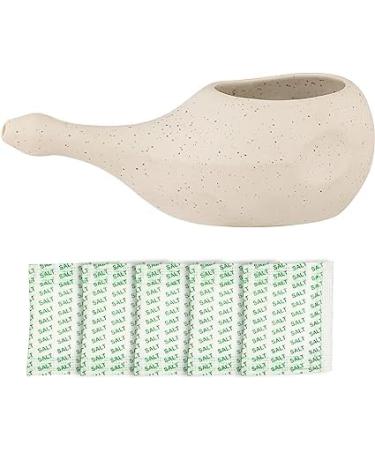 Ancient Impex Ceramic Neti Pot Without Handle Easy Grip for Sinus Treatment with 5 Sachets Neti Salt - Matte Ivory Color Holds 300 Ml (10.14 Fl Oz) Capacity