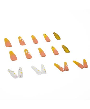 RikView Luxury French Yellow Coffin Press on Nails - Long Matte Acrylic Fake Nails with Gold Powder Design for Women - Yellow & Flower Design - Buy Online on GoSupps.com