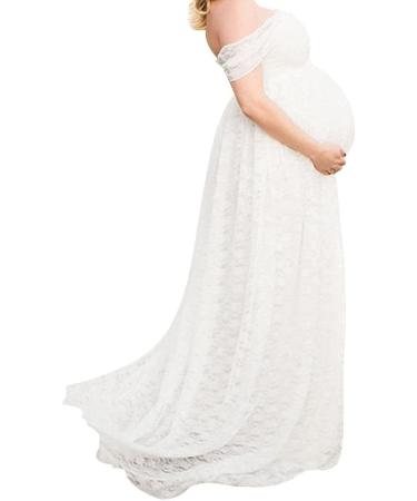 Odoukey Lace Strapless Maternity Gown - Floral Pregnancy Dress for Photoshoot - White (S) - Buy Online on GoSupps.com