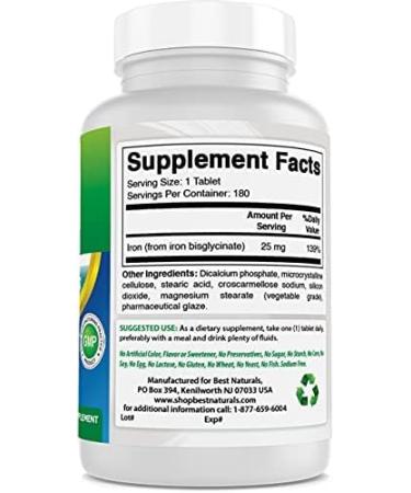Best Naturals Iron Bisglycinate Supplement 25mg - 180 tablets - Gentle on Stomach, Non-Constipating - Buy Online on GoSupps.com