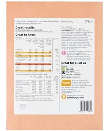 Sainsbury's Choco Hazelnut Cereal Squares 375g Crunchy cereal pillows with a chocolate and hazelnut flavoured filling fortified with vitamins and iron - Buy Online on GoSupps.com