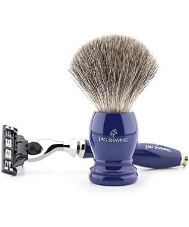 3-edge razor and badger hair shaving brush with blue handle from Jag Shaving
