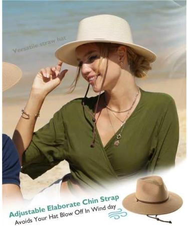 Women's UPF 50+ Khaki Straw Sun Hat with Wide Brim and Wind Lanyard for Summer - Medium-Large - Buy Online on GoSupps.com