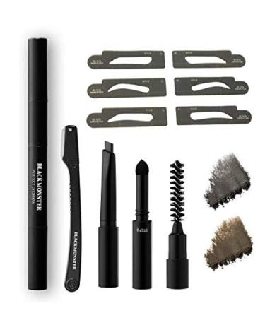 Black Monster 5 in 1 Eyebrow Kit - Stencils, Razor, Pencil, Sponge Tip, Brush Easy Long Lasting Brow Stamp Shaping Eyebrow Definer Smudge Proof Temporary Brow Tattoo Black and Brown for Men and Women ( Black )