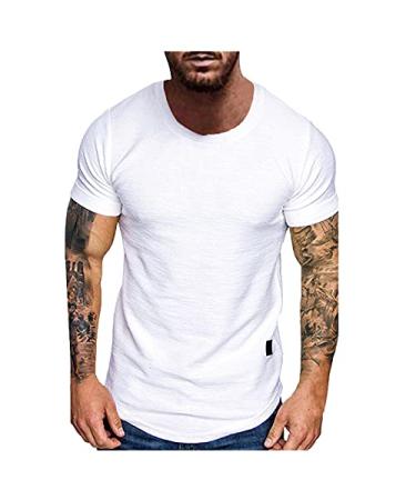 Men's Solid O Neck Yoga Performance T-Shirts Short Sleeve Tee Gym Moisture Wicking Muscle Fitness Blouse by Leegor Medium White