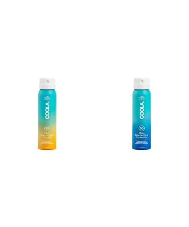 COOLA Organic Sunscreen Bundle - SPF 30 Pi a Colada Travel Size & SPF 50 Fragrance Free Sunblock Spray Dermatologist Tested Vegan Skin Care 2 Fl Oz Each