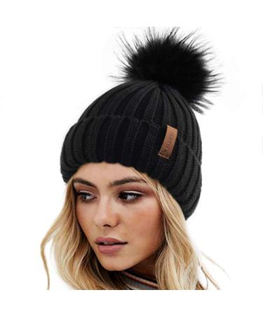 FURTALK Womens Winter Knitted Beanie Hat with Faux Fur Pom Warm Knit Skull Cap Beanie for Women 01-black