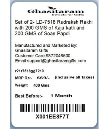 Ghasitaram Gifts Rakhi for Brother Rakhis Online - Set of 2- LD-7518 Rudraksh Rakhi with 200 GMS of Kaju katli and 200 GMS of Soan Papdi - Buy Online on GoSupps.com