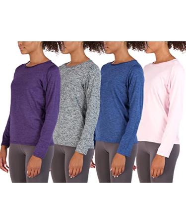 4 Pack: Women's Dry-Fit Tech Stretch Long-Sleeve Athletic Workout T-Shirt (Available in Plus Size) Regular Size Large Set 11