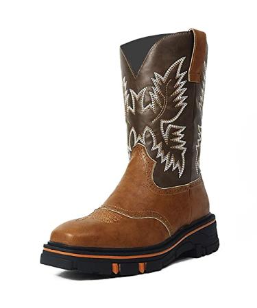 RIBETRINI Western Boot for Men Durable Square Toe Pull On Chunky Heel Platform Faux Leather Mid Calf Embroidered Cowboy Work Boots 9.5 Yellow