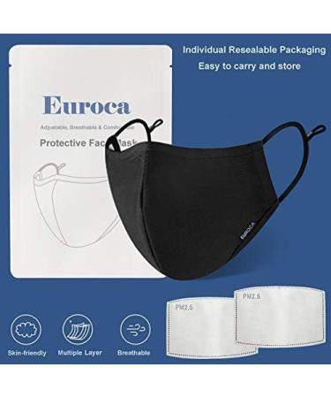 Euroca - Cloth Face Mask 3 Layers Cotton Face Masks Face Masks Reusable & Washable Face Mask With Filter Sheets (PM2.5) 3 Pack Woman Black Upgraded - Buy Online on GoSupps.com