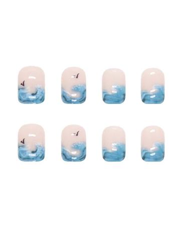 RikView French Tip Press on Nails - Short Square Blue Fake Nails with Waves Design for Women - Buy Online on GoSupps.com