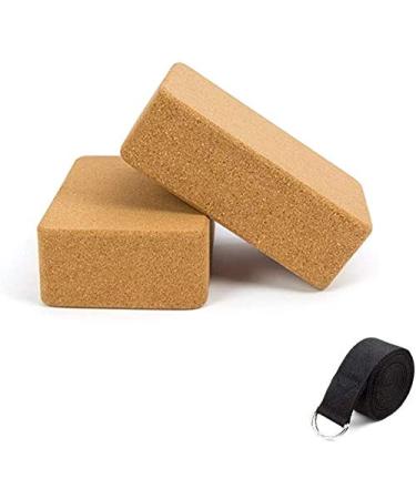 Cork Yoga Blocks 2 Pack with 1 Yoga Strap High Density Solid Natural Cork Yoga Brick with Comfortable Edge to Improve Balance Strength and Flexibility 2PCs Yoga Blocks + 1 Black Yoga Strap