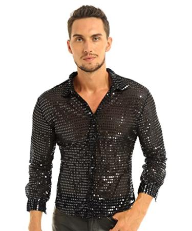 Sywiyi Mens 70s Disco Party Rave Dance Shirt Long Sleeve Sexy Sheer Sequins Tee Shirts Clubwear Black X-Large