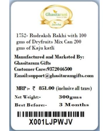 Ghasitaram Gifts Rakhi for Brother Rakhis Online 1752- Rudraksh Rakhi with 100 GMS of Dryfruits Mix Can 200 GMS of Kaju katli Rakhi & 100g Dryfruits Mix Can 200g Kaju katli - Buy Online on GoSupps.com