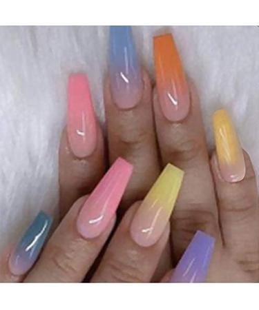Ayyla Colourful Long Coffin Ballerina Tapered False Press on nails Rainbow Artificial Full Cover Acrylic Nails Artificial Finger Manicure for DIY Nail Art Salon For Women and Girls - Buy Online on GoSupps.com