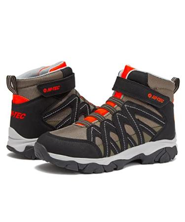 HI-TEC Ravus Blast Mid Boys Hiking Boots, No Tie Lightweight Breathable Outdoor Trekking Shoes, Little Kid and Big Kid Sizes 1 to 7 4 Big Kid Orange/Medium Brown Tan/Black