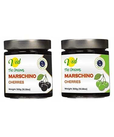 Ved Gourmet Original Black & Green Maraschino Cherries - Italian Cherry for Old-Fashioned Cocktails - Vegan Cocktail Bourbon Cherries in Natural Syrup for Cocktail Garnish