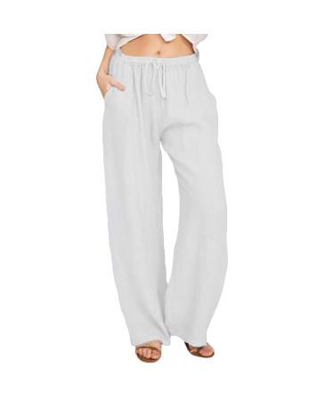 Martmory Women's Casual Cotton Linen Long Pants Elastic Waist Drawstring Straight Leg Lounge Oceanside Summer Beach Pants G-white 3X-Large