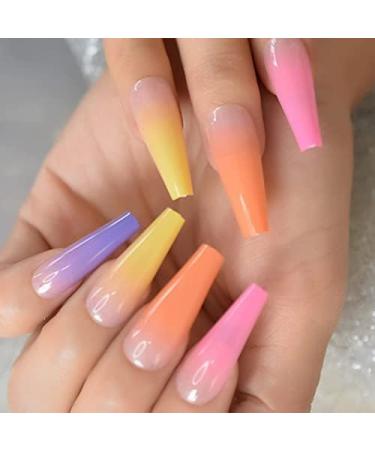 Ayyla Colourful Long Coffin Ballerina Tapered False Press on nails Rainbow Artificial Full Cover Acrylic Nails Artificial Finger Manicure for DIY Nail Art Salon For Women and Girls - Buy Online on GoSupps.com
