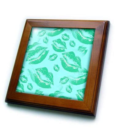 3dRose 8x8 Framed Tile - Two Kisses Collided Lip Affectionate Aqua Colored Lips Pattern Pattern - Lipstick Kisses