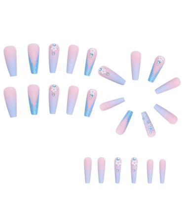 Joselin 24 Pieces Pink and Blue Gradient Camellia False Nails Removable Press On Nails