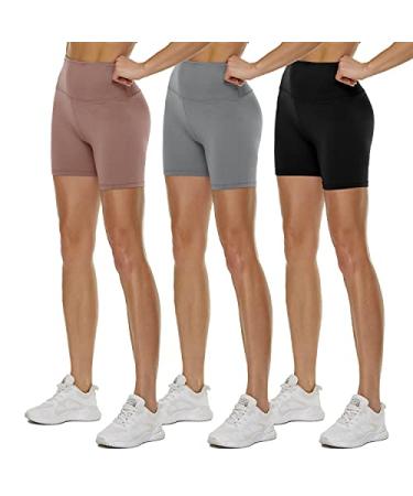 QGGQDD 3 Pack High Waisted Biker Shorts for Women 5" Buttery Soft Black Workout Yoga Athletic Shorts 5 inch Small-Medium Black/ Beige/ Light Grey