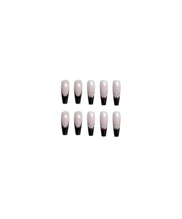 MISUD Long Coffin Press on Nails with Punk Designs - Black French Tip Ballerina Acrylic False Nails | 24 pcs Rhinestone Glossy Glue on Nails - Buy Online on GoSupps.com