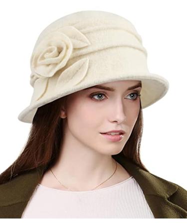 Sumolux Women Beret Hat French Vintage Floral Wool Dress Cloche Classic Winter Hat 1920s B White