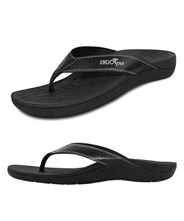 Upgraded Orthotic Flip Flops with High Arch Support- Women's and Men's Thong Sandals- Walking Comfort with Orthopedic Support for Plantar Fasciitis Flat Feet & Heel Spur- Beach Slippers by ERGOfoot 10 Wide Women/9 Men Black