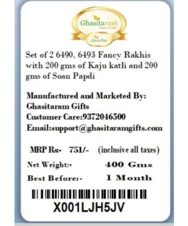 Ghasitaram Gifts Rakhi for Brother Rakhis Online - Set of 2 6490 6493 Fancy Rakhis with 200 GMS of Kaju katli and 200 GMS of Soan Papdi - Buy Online on GoSupps.com