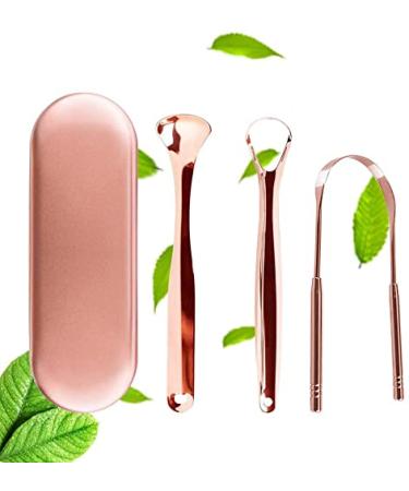 Tongue scraping cleaner stainless steel 3 pieces tongue scraping for adults children men and women scraper set with case for oral care bad breath-ros gold