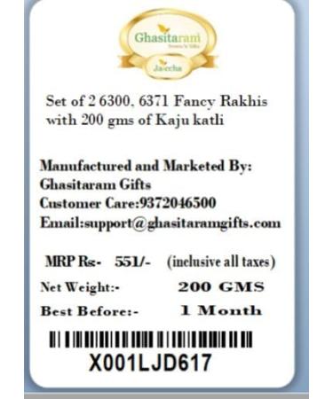 Ghasitaram Gifts Rakhi for Brother Rakhis Online - Set of 2 6300 6371 Fancy Rakhis with 200 GMS of Kaju katli - Buy Online on GoSupps.com